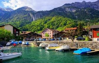 Wallpaper Forest Mountains Lake Shore Home Boats Switzerland