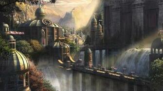 Wallpaper City Castle Palace Bridge Waterfall Mountains Trees