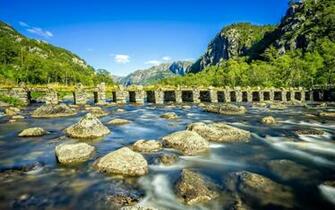 Norway River Stone Bridge Stones Mountains Blue Sky Photo