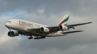 Fly Emirates Airbus A380 Airplane Landing In Airport