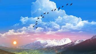 Wallpaper Sun Raise Nature Landscape Clouds Birds Montains
