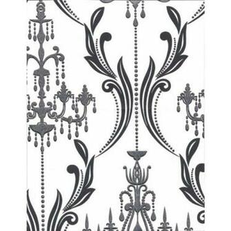 Black Damask W Silver Glitter Chandeliers On White Wallpaper