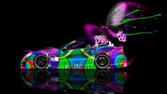 Flowers Butterfly Car Art Blue Neon Colors HD Wallpaper Design
