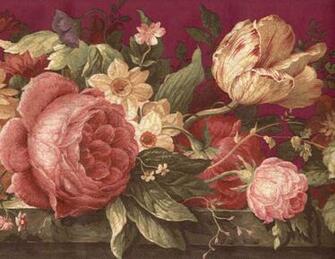 Victorian Burgundy Crackle Cabbage Rose Tulip Floral Flower Wall Paper