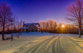 Wallpaper The Sun Snow Trees Landscape House Canada New