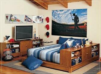 Teen Room Design With Blue Striped Bed And Wallpaper Pbteen Boys