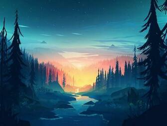 Flat Landscape Minimalism Trees Sunset