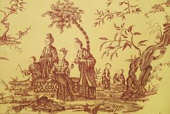 Wallpaper Large Toile De Jouy Design In Red On Yellow
