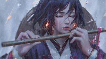 Girl With Flute In Rain Anime Live Wallpaper Desktophut