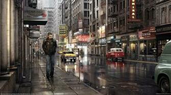 London City Raining Man Skyscaper Road Reflection Widescreen