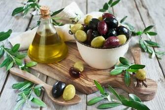 Olive Oil Wooden Bowl Spoon Olives Leaves Wallpaper