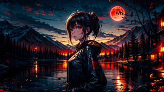 Anime Girl Lake Mountain Night 4k Wallpaper