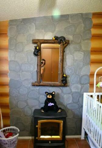 Faux Fake Wood Log Cabin Stone Fireplace Wallpaper Looks Bad Cheap