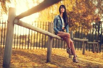 Woman Model Sitting Fence Park Autumn Long Legs