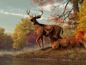 Deer On An Autumn Lakeshore By Deskridge