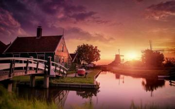 Nature Landscape Netherlands Sunset Windmills Canal Bridge