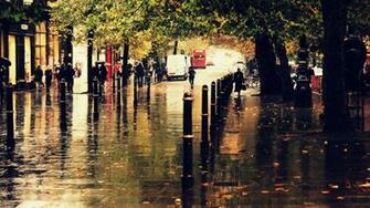 Autumn City Street Rain People Sidewalk Reflection Trees Wallpaper