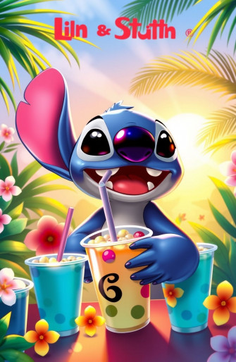 Stitch Drinking Boba Wallpaper