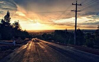 Dark Road Scenery Pole Sunset Wallpaper