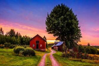 Sunset Trees Road Home Landscape Rustic Farm House Wallpaper
