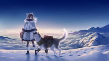 Anime Girl Winter Wolf Snow Landscape Clean Sky Wallpaper