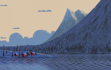 Wallpaper Winter Mountains River Village Art Trees