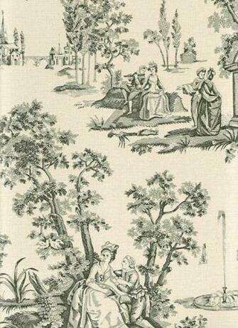 Black Toile De Jouy White Tan Red And Beige Border