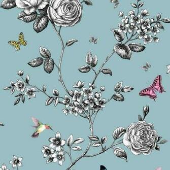 Grandeco Rose Garden Bird And Butterfly Wallpaper In Teal A14602