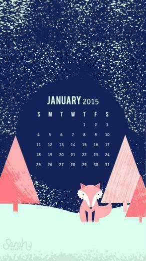 Navy Pink Snow Fox Trees January Calendar iPhone Phone Wallpaper
