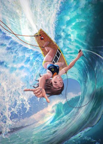 Anime Girls Sea Clouds Sky Brunette Long Hair Brown Eyes