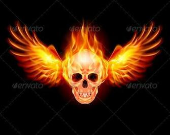 Flaming Skull With Fire Wings Illustration On Black