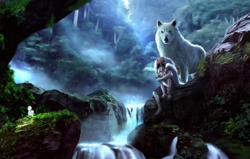 Photo Wallpaper Forest Girl Stones Wolf Art Princess