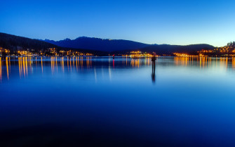 Landscape Nature Evening Clear Sky Calm Lake Lights Town Hill Reflection Wallpaper HD