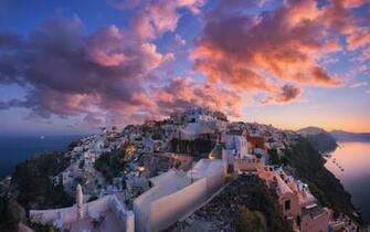 Wallpaper Santorini Greece City Dusk Clouds HD