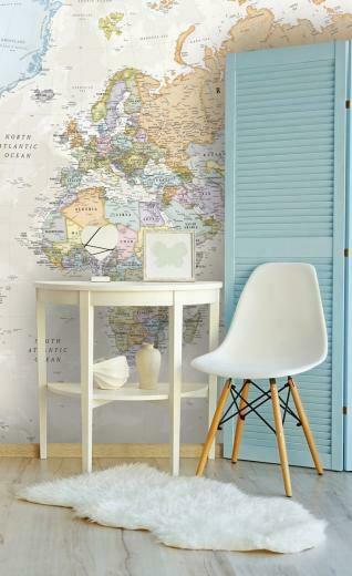 Classic World Map In Home Office Wallpaper