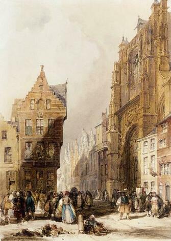 On A Street In Market Town Belgium English Art Wallpaper Image